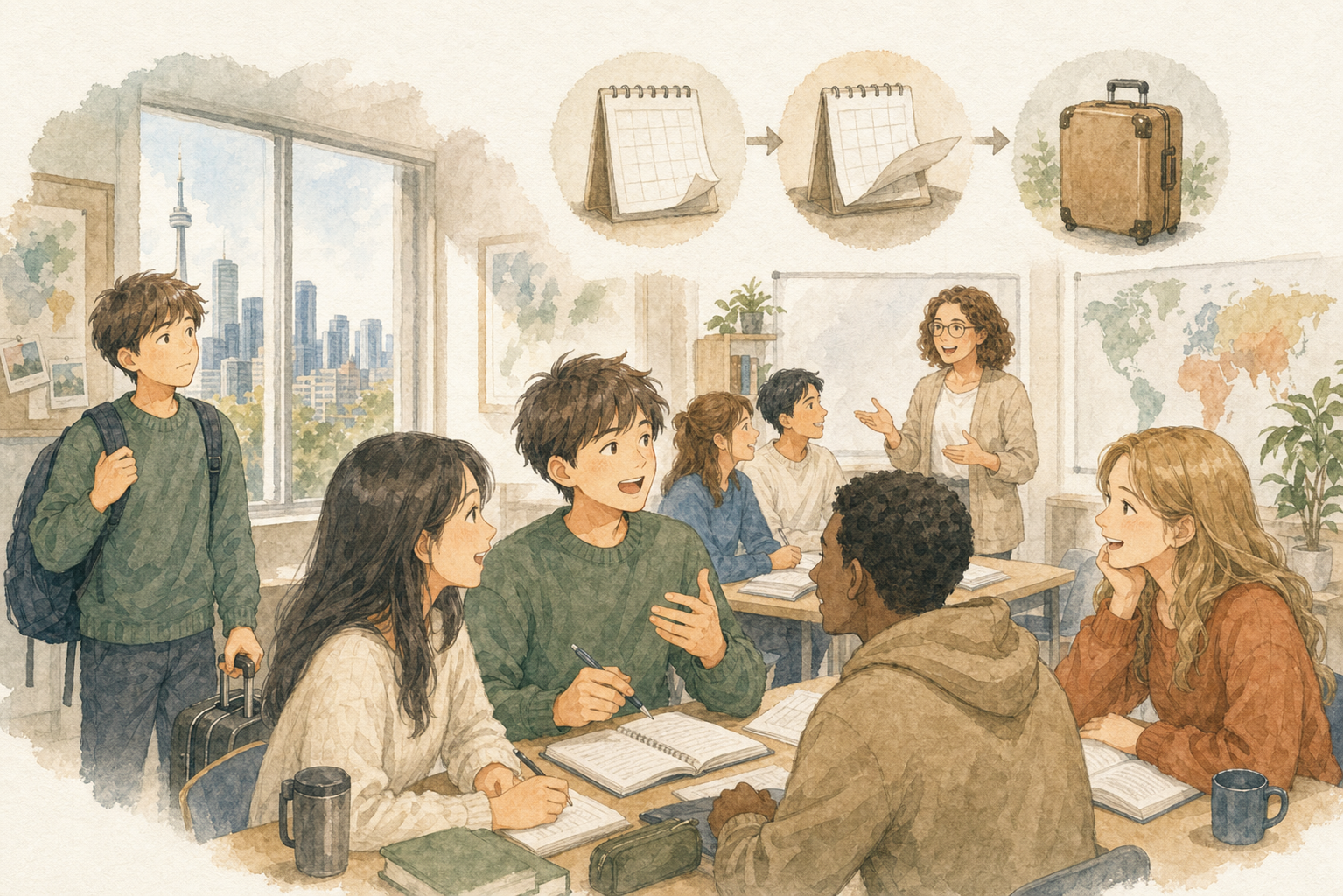 初海外の日本人男性がカナダの語学学校で多国籍のクラスメートと学び、生活に慣れていくイラスト