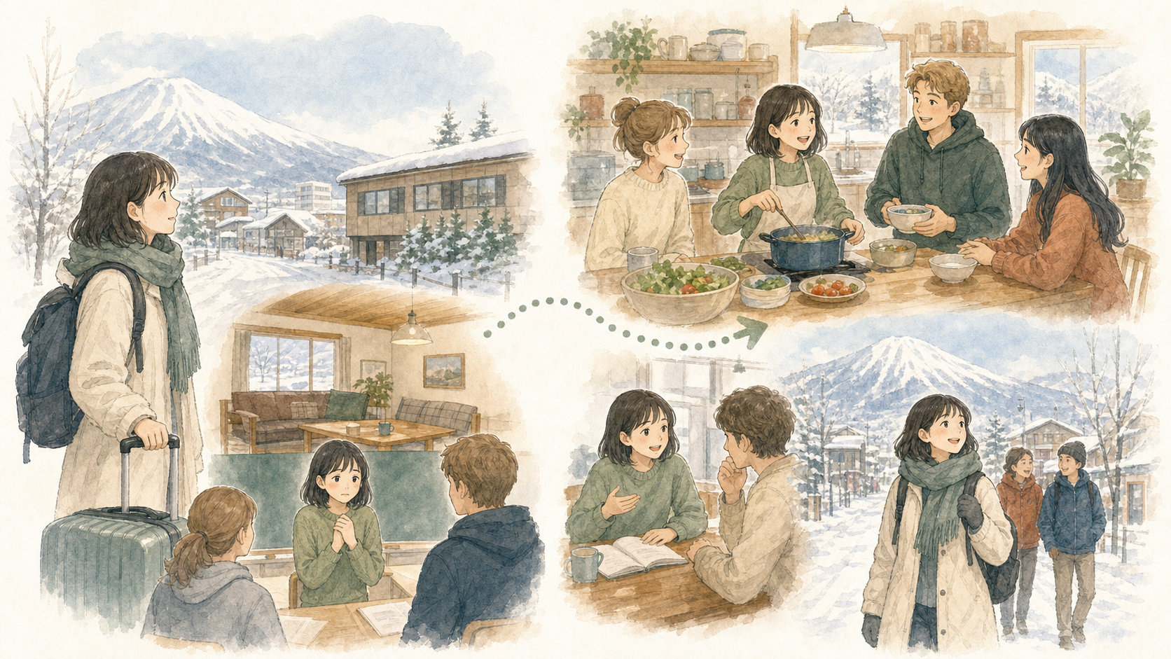 ニセコ留学の前半で環境に慣れ、後半で自分から英語で話しかけたり共同生活に参加したりしているイラスト