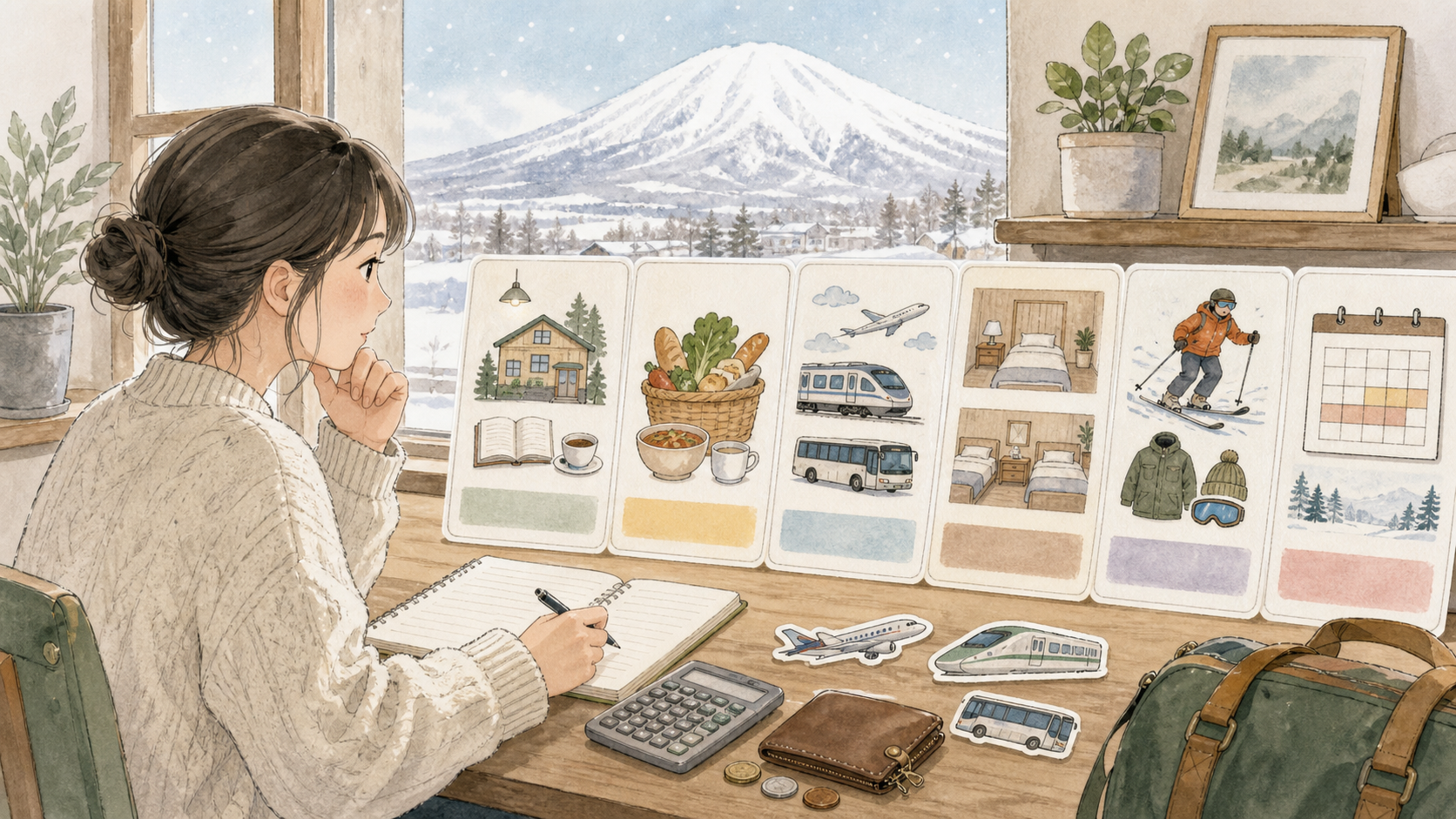 ニセコ留学の授業料や滞在費、食費、交通費、部屋タイプ、冬のアクティビティ費用を確認しているイラスト