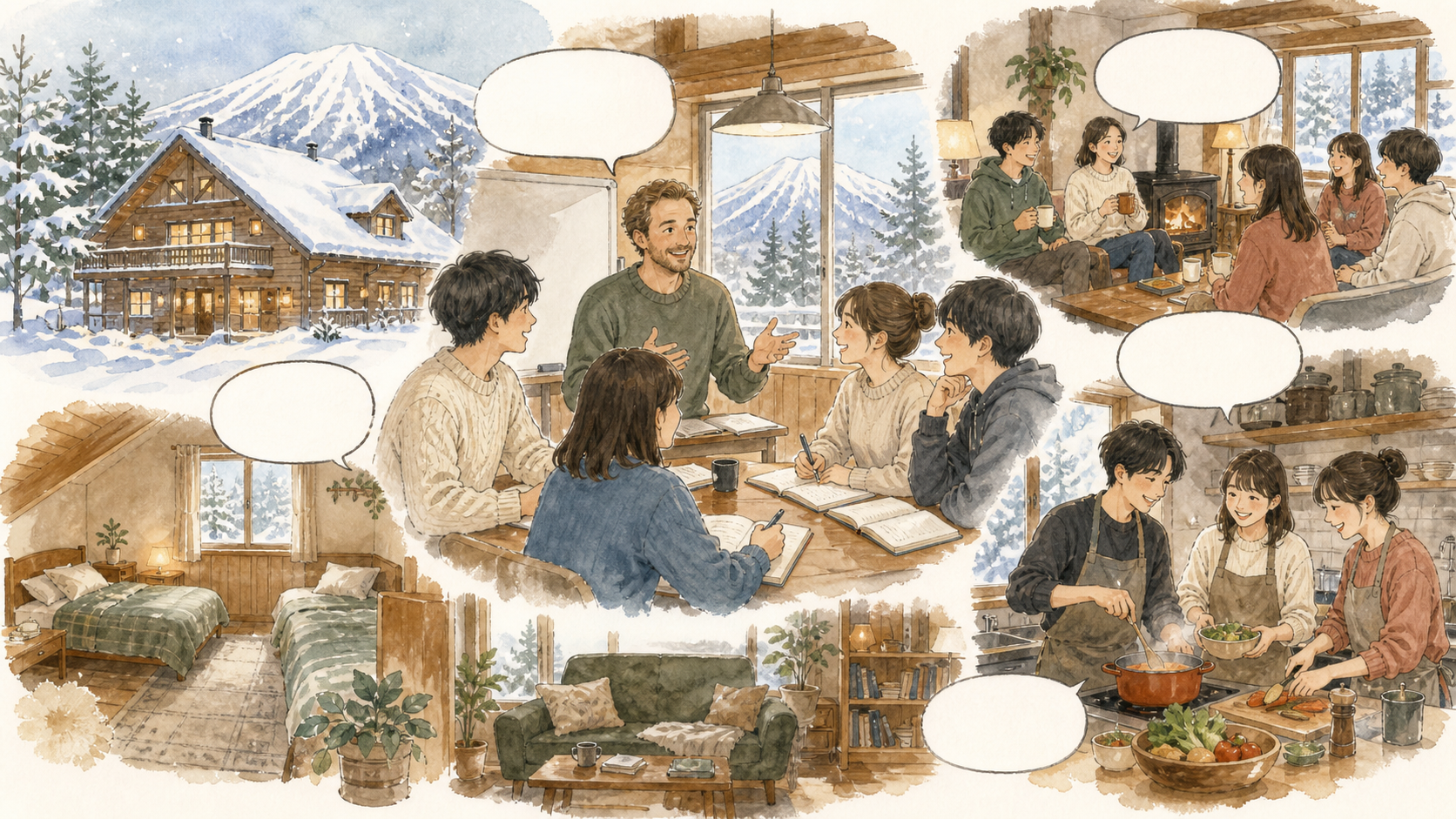 ニセコのペンションで英語レッスンを受け、リビングやキッチンでも講師や参加者と会話しているイラスト