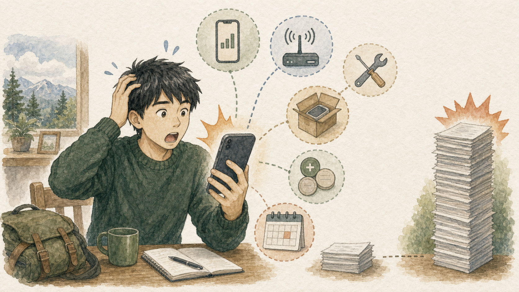 カナダで低い月額料金を想定していた若い男性が、スマホ画面に表示された予想以上の請求を見て驚き、英語の請求項目を確認しているイラスト