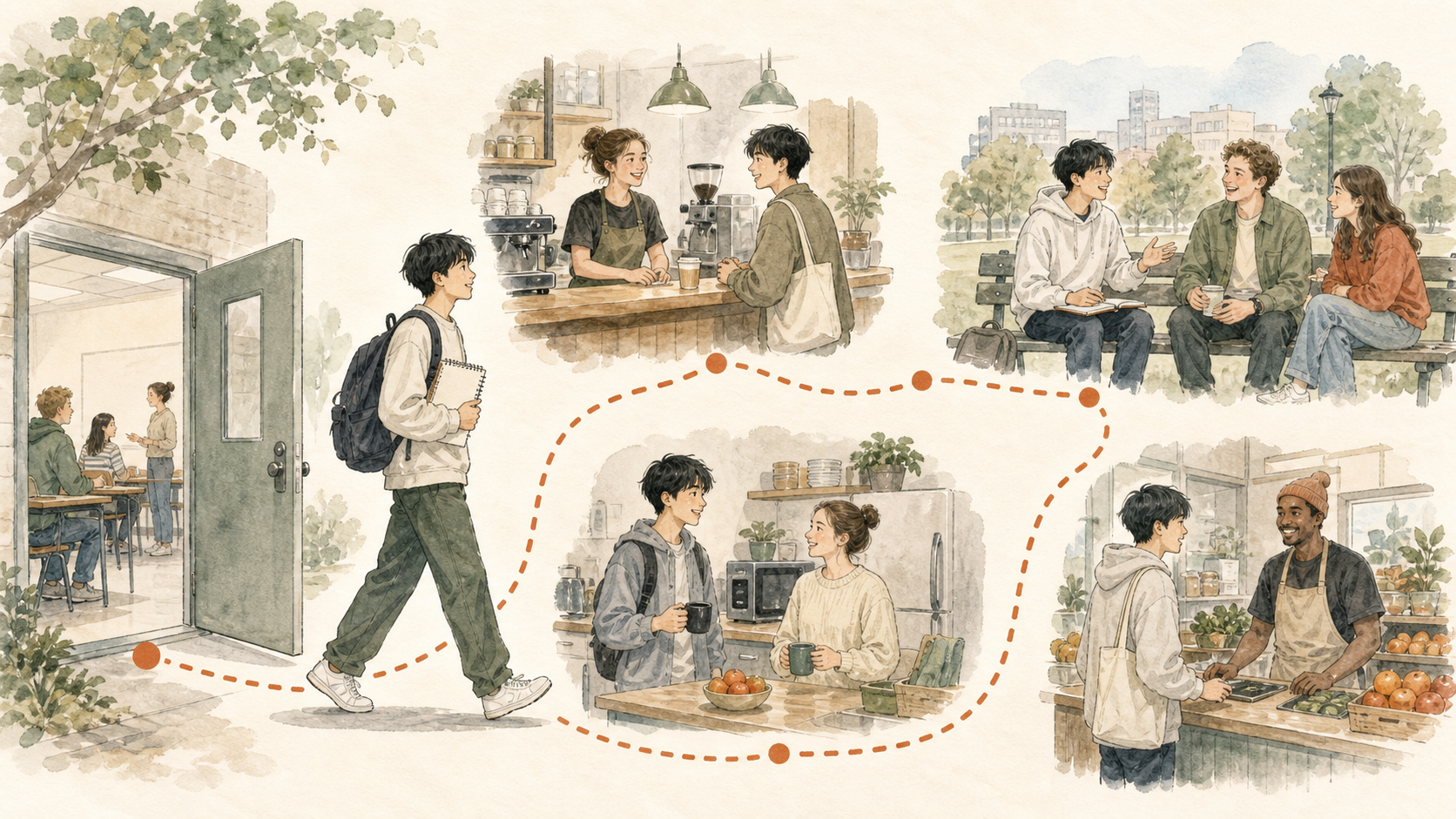 男子留学生が教室の外へ出て、カフェや公園、寮のキッチンなどで英語を使う場面を増やしているイラスト