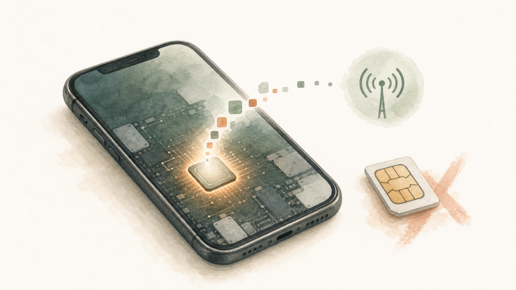 スマホ本体に組み込まれたデジタルSIMを有効にし、物理SIMなしで通信する仕組みを表したイラスト