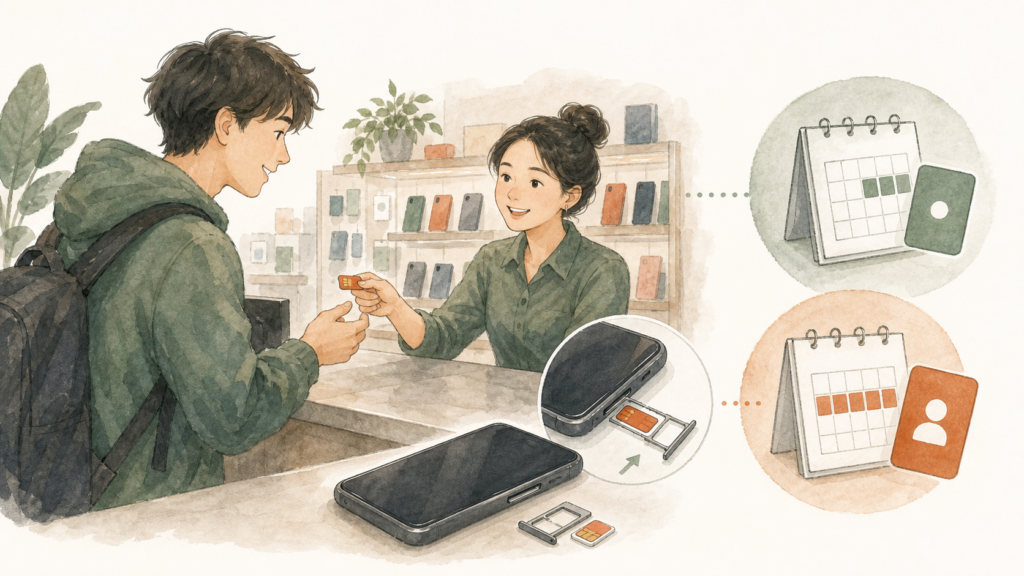 海外の通信ショップで現地SIMを受け取り、スマホのSIMトレイへ入れて契約する様子のイラスト