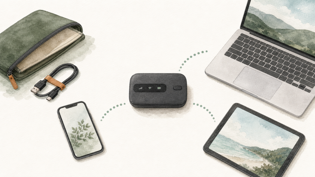 小型のWiFiルーターからスマホ、パソコン、タブレットへ同時に通信をつないでいるイラスト