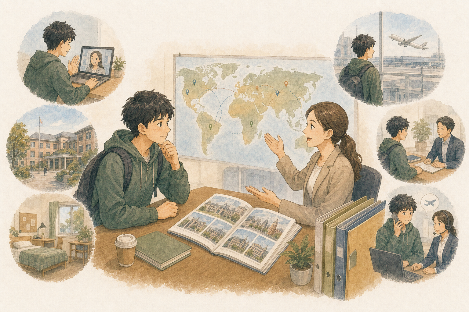 日本人男性が留学カウンセラーと世界各地の学校、オンライン相談、滞在先、出発準備、現地サポートを確認しているイラスト