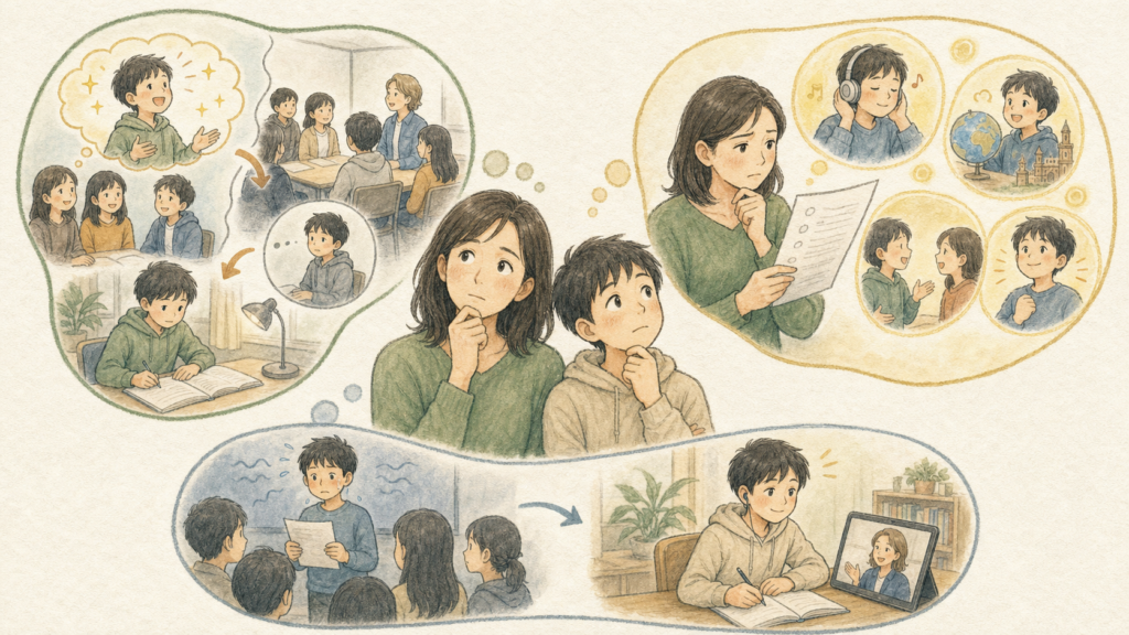 通うだけで話せるという期待、テスト結果だけの評価、子どもの性格と授業形式の不一致という3つの原因を親子が見直すイラスト