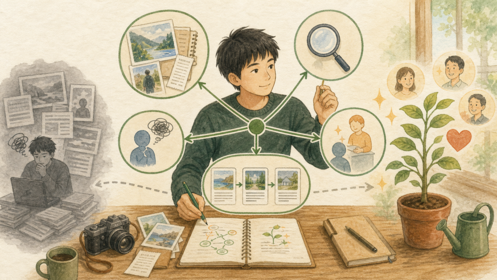 若い男性が実体験、読者の悩み、検索意図、自然に役立つサービス、内部リンクを結びつけ、信頼されるワーホリブログを育てているイラスト