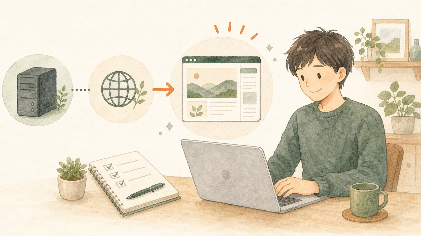 初心者がサーバー、ドメイン、ブログ画面の流れを見ながらWordPressブログを始めているイラスト