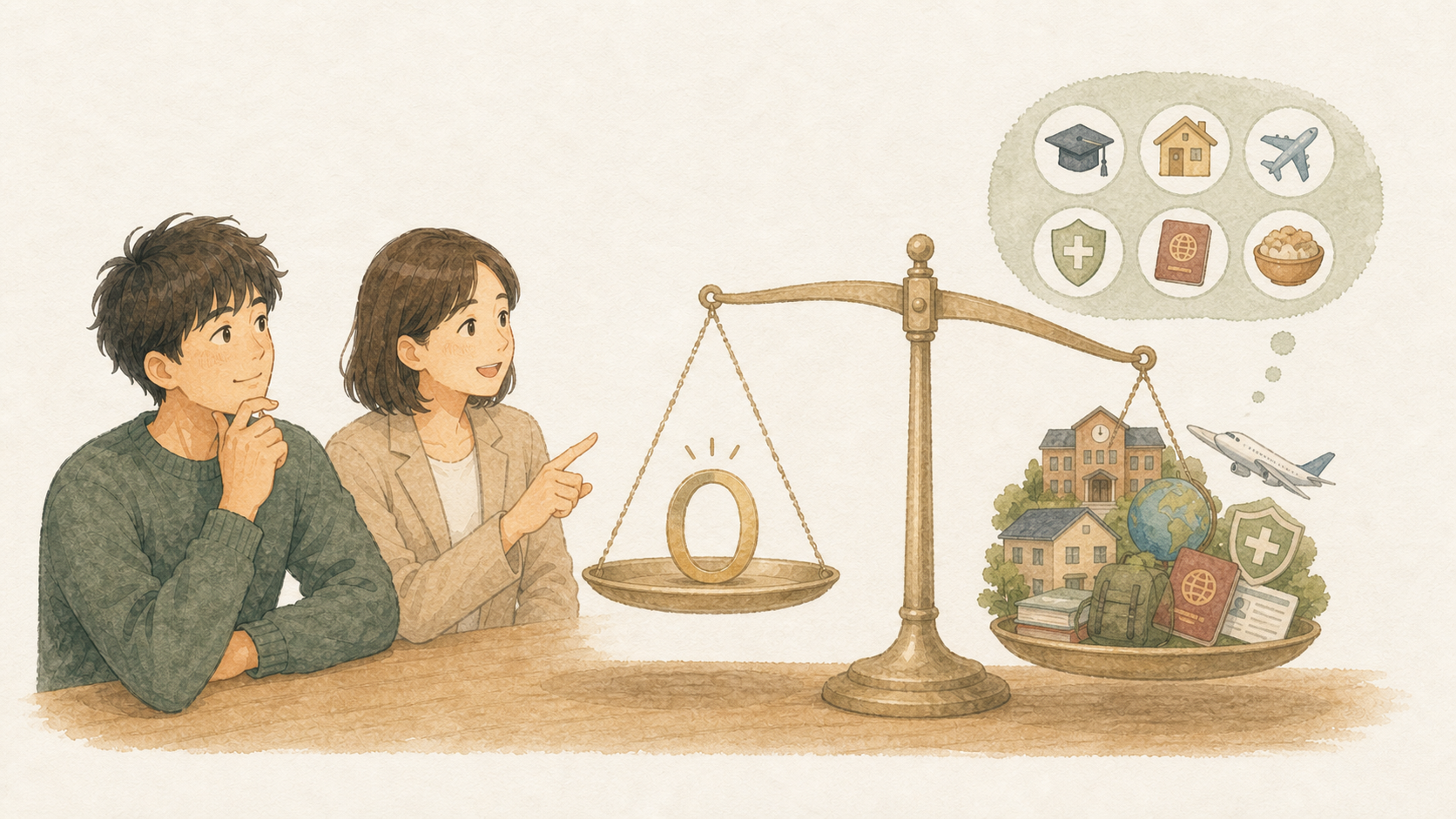 若い男性とカウンセラーが、手配料0円と学校や滞在、渡航などの費用を天秤で見比べているイラスト