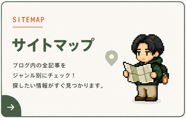 ブログ内の記事を探せるサイトマップを案内するキャラクター入りのカテゴリカード