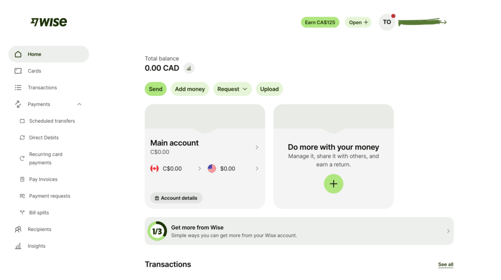 Wiseのアカウント作成後に表示されるホーム画面