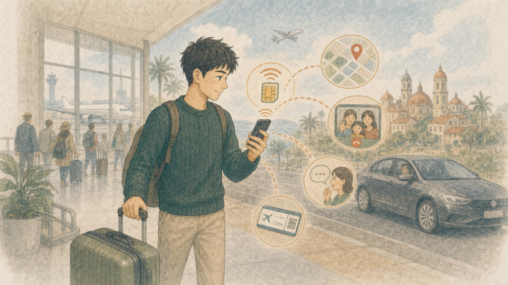 海外の空港へ到着した男性がeSIMを使い、地図、配車、家族への連絡、翻訳、予約確認を行うイラスト