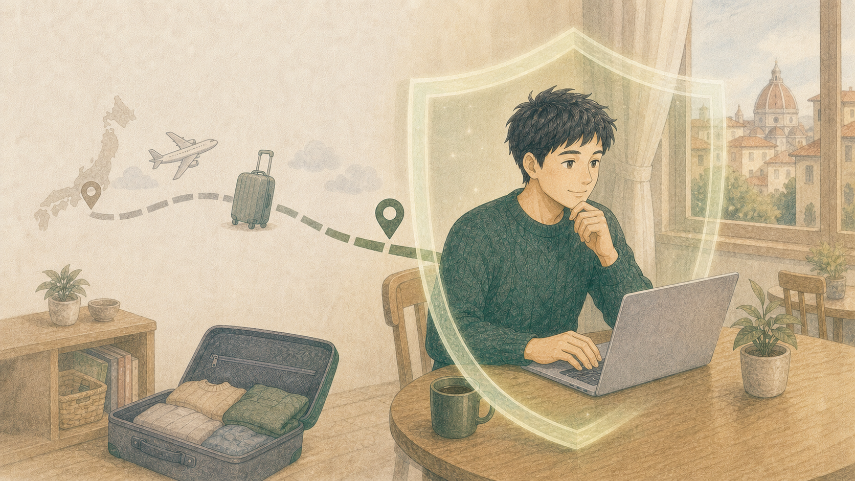 海外滞在中の男性がパソコンで旅行保険へ申し込み、加入後から現在地が補償されることを確認するイラスト