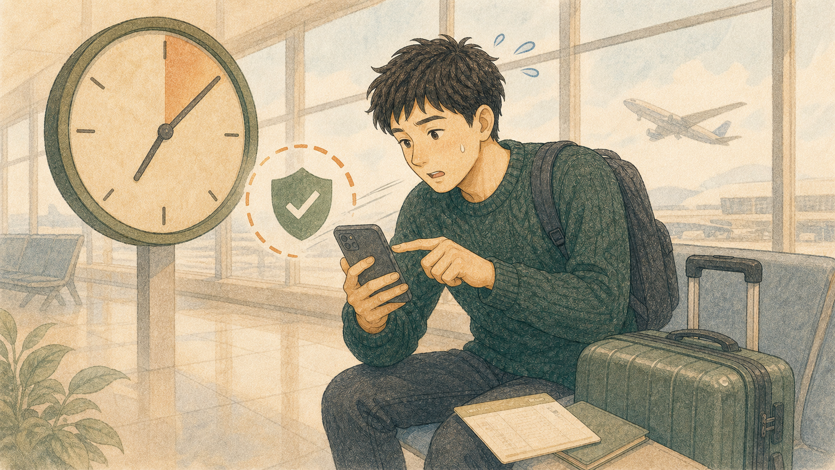 出発当日の空港で時計と搭乗時刻を気にしながら、スマートフォンで海外旅行保険へ申し込む男性のイラスト