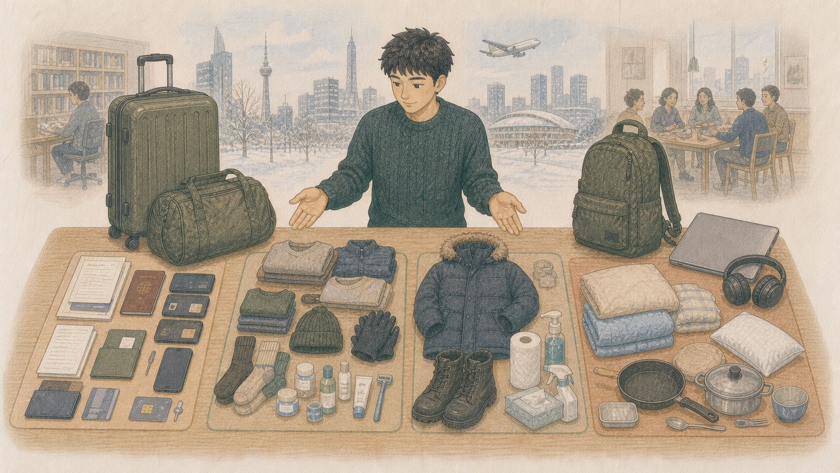 カナダワーホリの持ち物を、日本で準備する物、最低限だけ持参する物、現地購入する物、季節や滞在先で決める物に分ける男性のイラスト