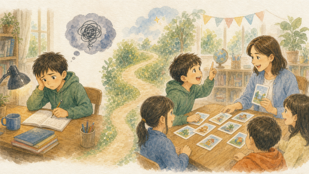 家で一人では宿題が進まなかった子どもが、先生へ質問できる教室では英語学習を楽しみながら進めるイラスト