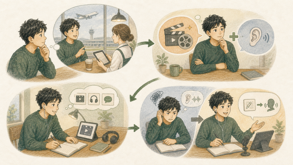 具体的な目標を決め、興味と弱点を組み合わせ、少数の方法を試し、難しかった理由に合わせて勉強法を変える流れのイラスト
