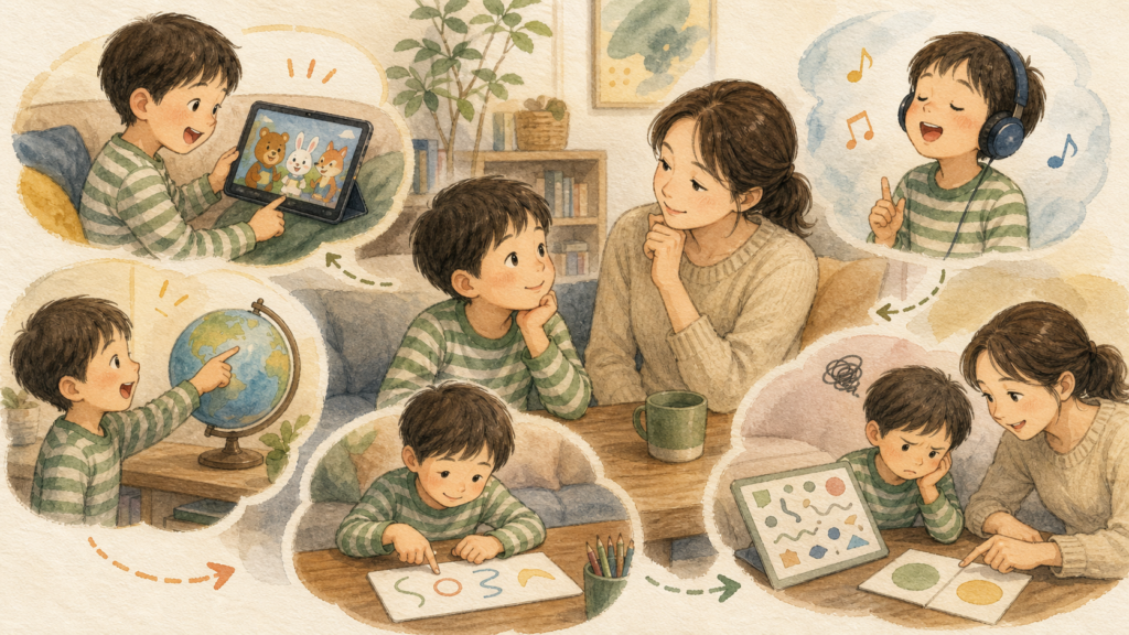 母親が子どもの海外アニメ、英語の歌、地球儀、学習教材への反応を観察し、難易度を調整するイラスト