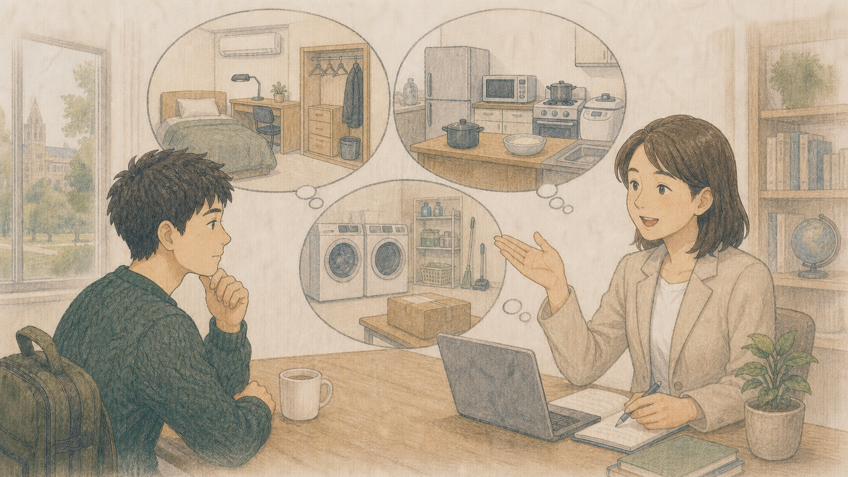 留学エージェントとの相談で、寝室、共同キッチン、洗濯設備、掃除用品、荷物の受け取り方法を確認する学生のイラスト