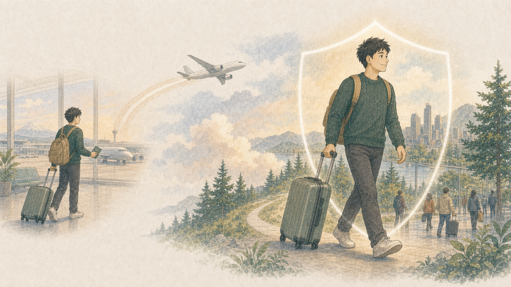 日本から飛行機で移動した男性が、カナダ到着日に旅行保険の補償が始まることを示すシールドへ入るイラスト