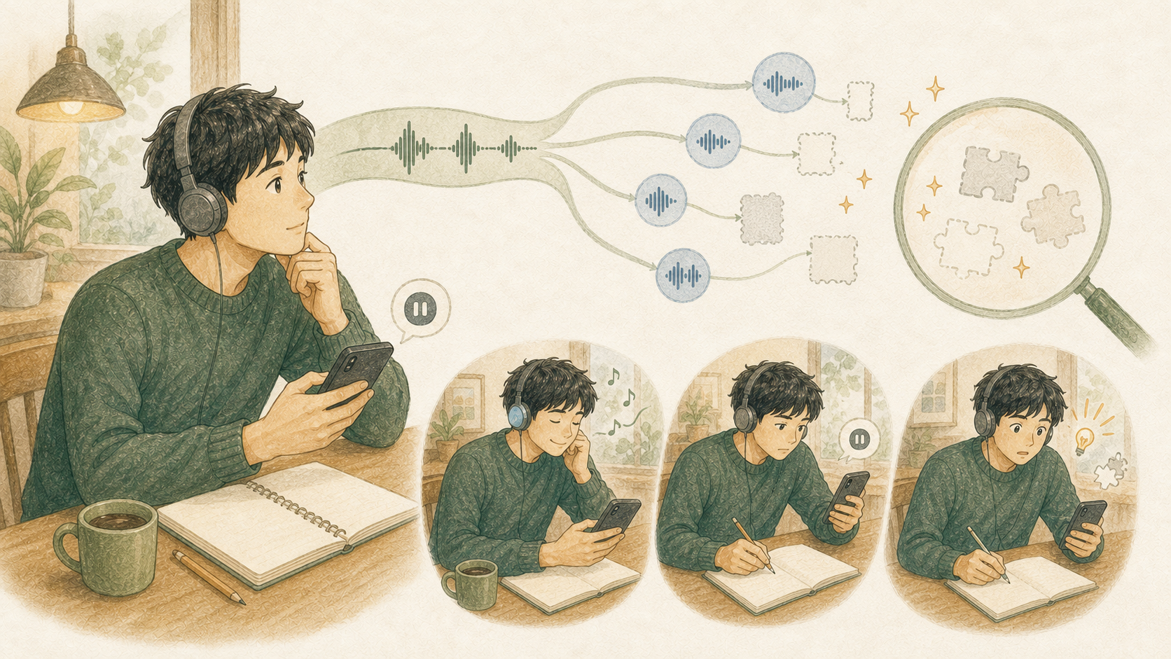 音声の書き取りを細かく振り返り、自分では見えにくい英語学習の成長や課題を確認する男性のイラスト