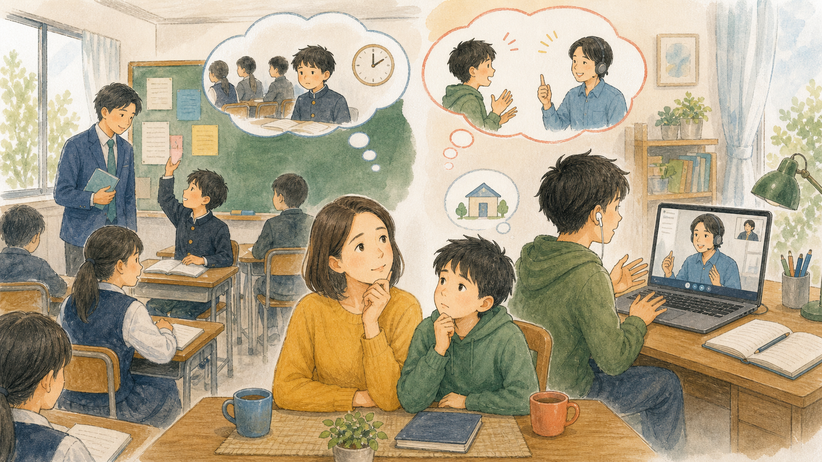 中学生と保護者が、グループで学ぶ対面英語教室と自宅で受けるオンライン個別指導を比較するイラスト