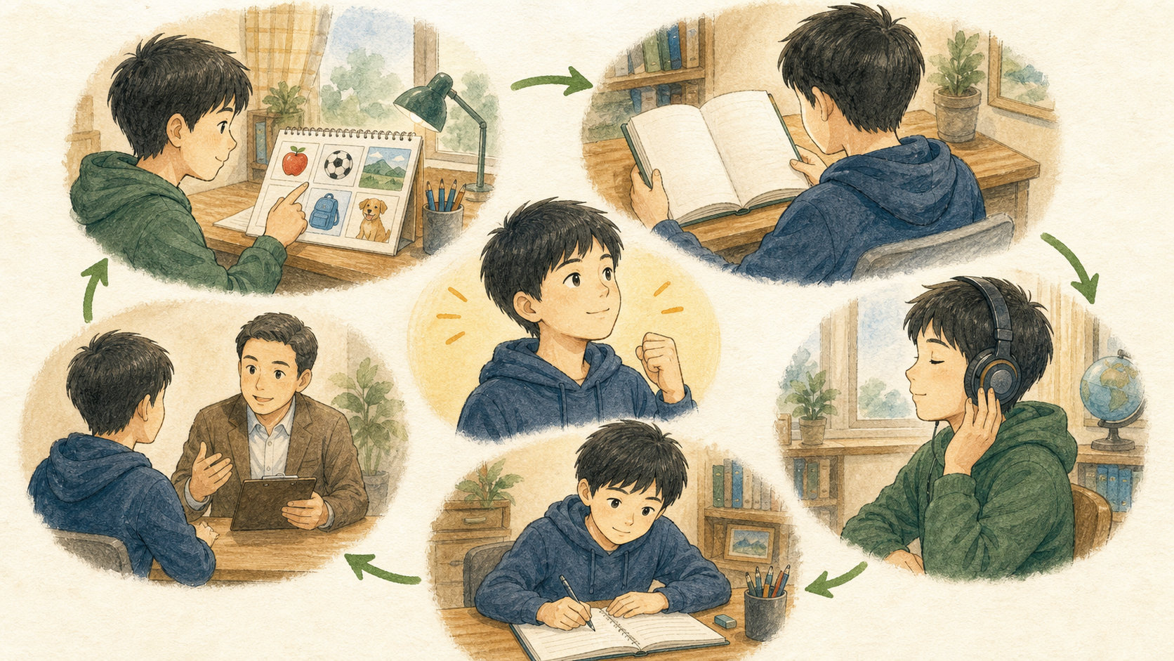 中学生が英検3級対策を通じて、単語と文法、読解、リスニング、英作文、面接を学ぶイラスト