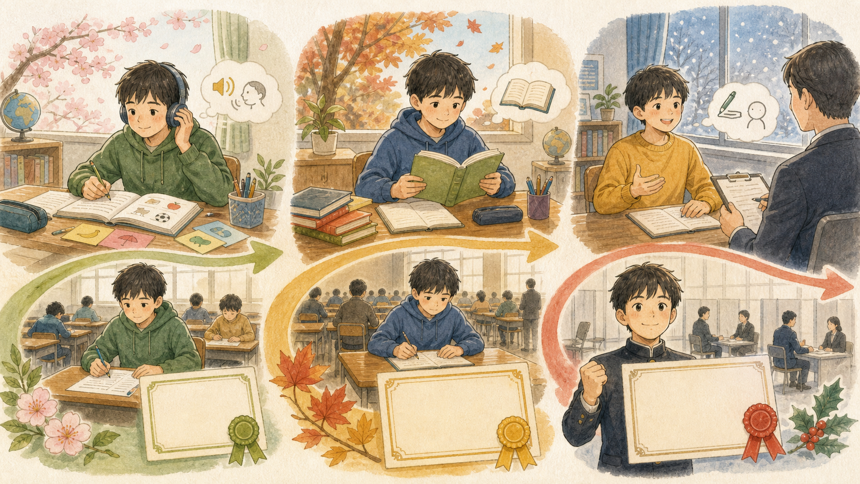 中学1年生から2年生にかけて、英検5級、4級、3級へ段階的に学習と受験を進める男の子のイラスト