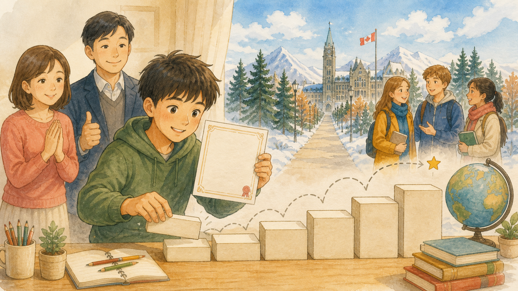 中学生が現在の英語力に合う段階から英検に挑戦し、合格を重ねながら将来の海外経験へ進むイラスト