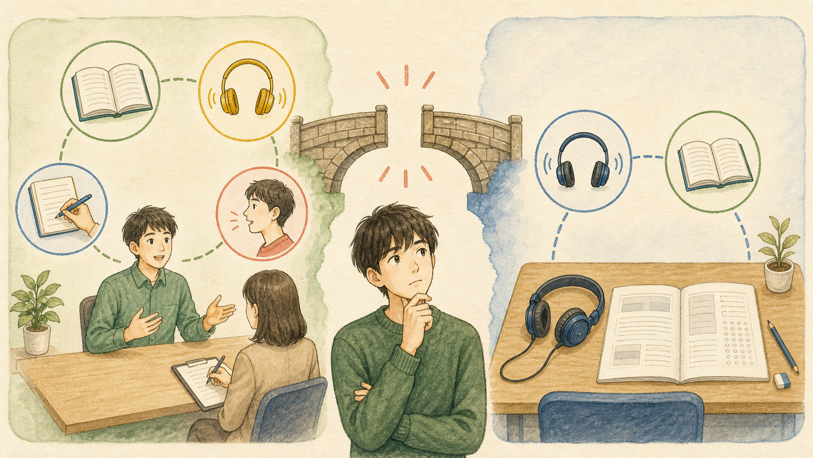 読む、聞く、書く、話す力を測る英検と、主に読む、聞く力を測るTOEICの試験内容の違いを比較するイラスト