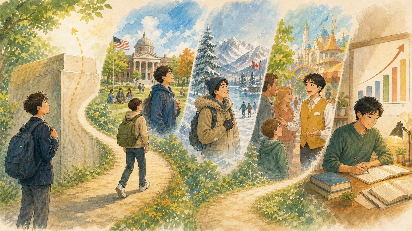 中学生で英検2級に届かなかった男の子が学習を続け、アメリカ留学、カナダ生活、英語での接客へ進むイラスト