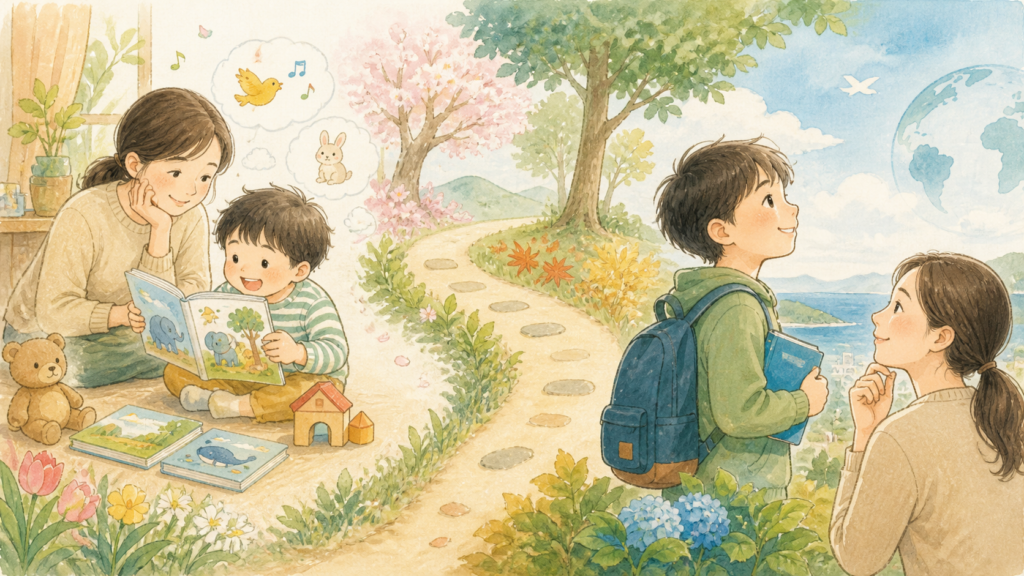 低学年から高学年へ成長する子どもが、年齢に合った方法で英語への興味を広げるイラスト