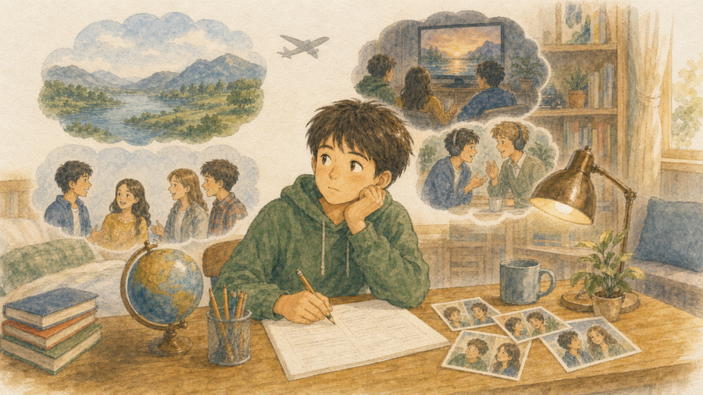 英語の会話や海外の映画に興味があっても、学校の文法プリントが難しく一人で手が止まる子どものイラスト