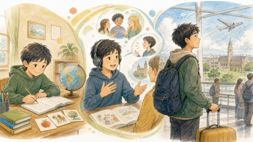 小学6年生から英語を学び、学校英語の基礎、会話への自信、海外への興味を身につける男の子のイラスト