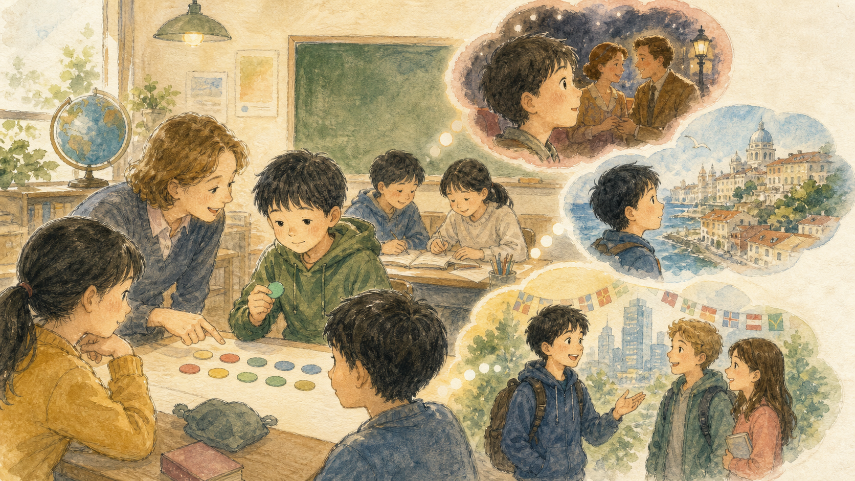 英語教室で先生や友達と学び、ゲームや海外文化への興味を英検学習につなげる男の子のイラスト