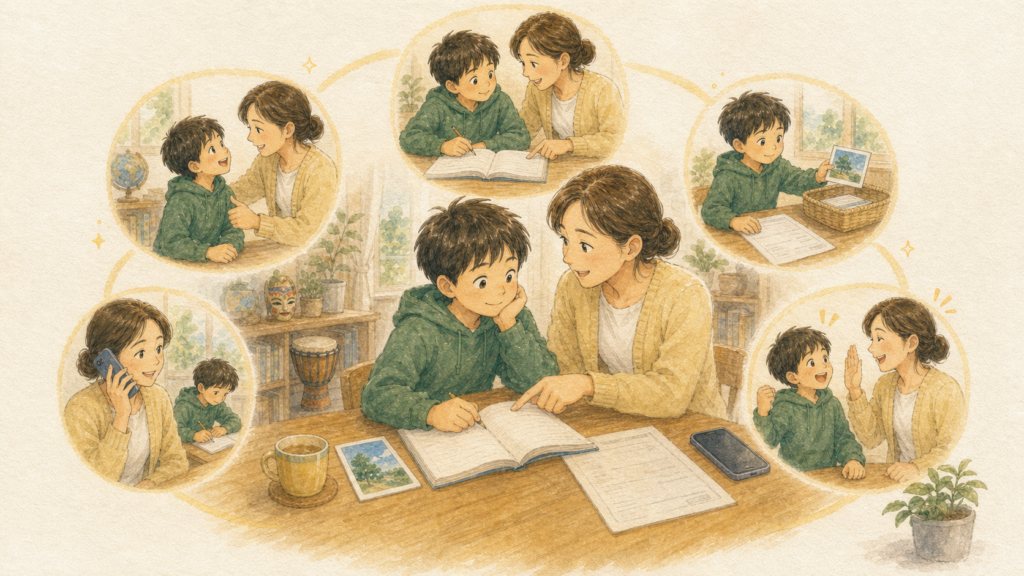 止まった場所を聞く、最初の問題を一緒に読む、楽しい学びと宿題を分ける、先生へ相談する、取り組みを認める関わり方のイラスト