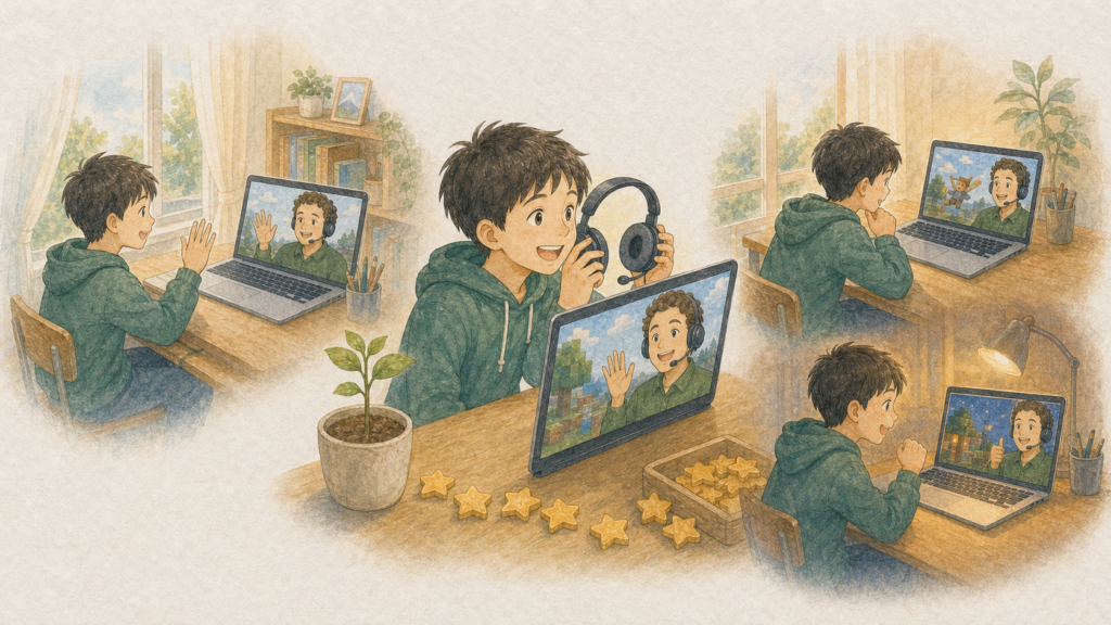 ゲームを使う英語レッスンを楽しみ、次のレッスンにも自分から取り組みたいと感じる子どものイラスト