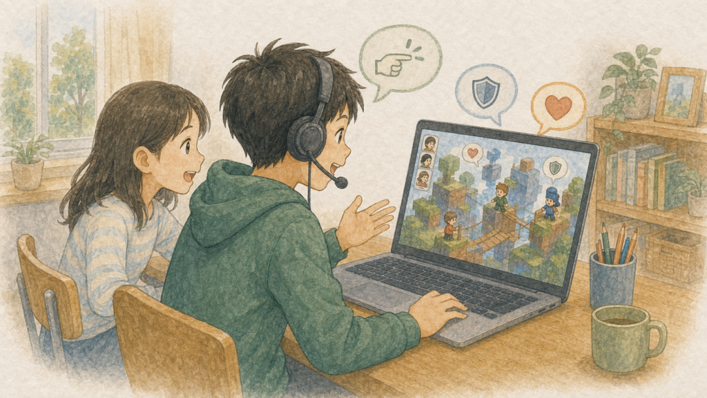 ゲームへ集中できる子どもが、仲間と協力するために英語を使いながらプレイするイラスト
