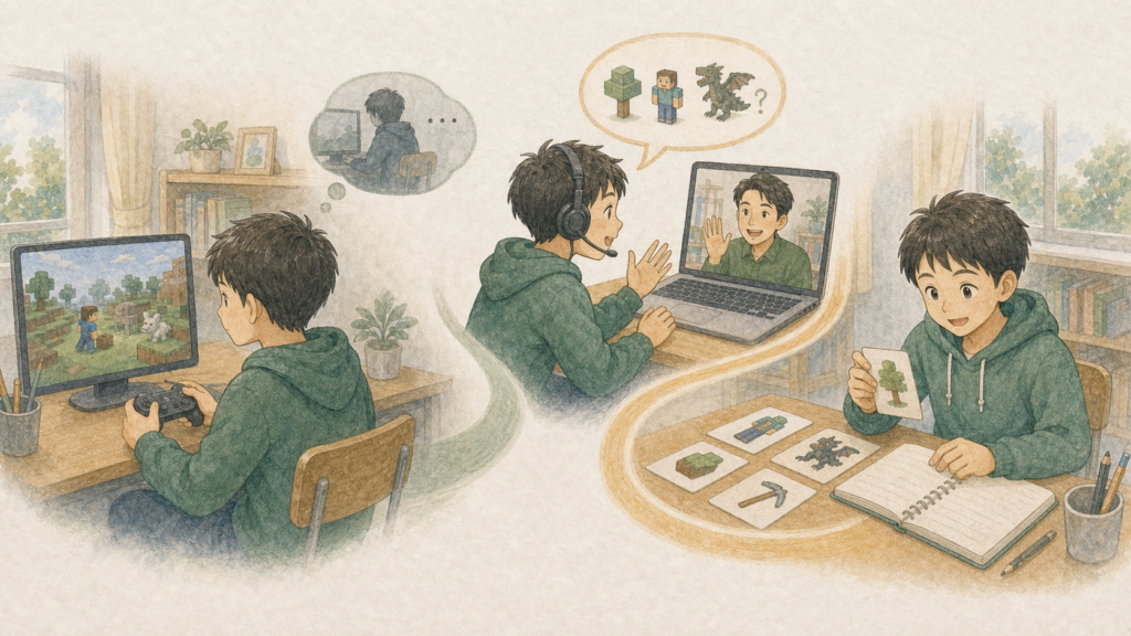日本語だけで遊ぶゲームと、英語を話して講師へ質問し、レッスン後に表現を復習する学び方を比較したイラスト