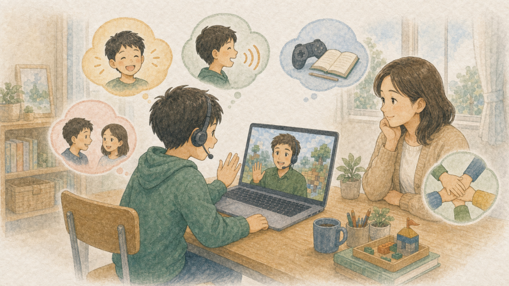 オンラインゲーム英会話の体験で、子どもの楽しさ、発話量、復習、講師との相性、家族での参加方法を保護者が確認するイラスト