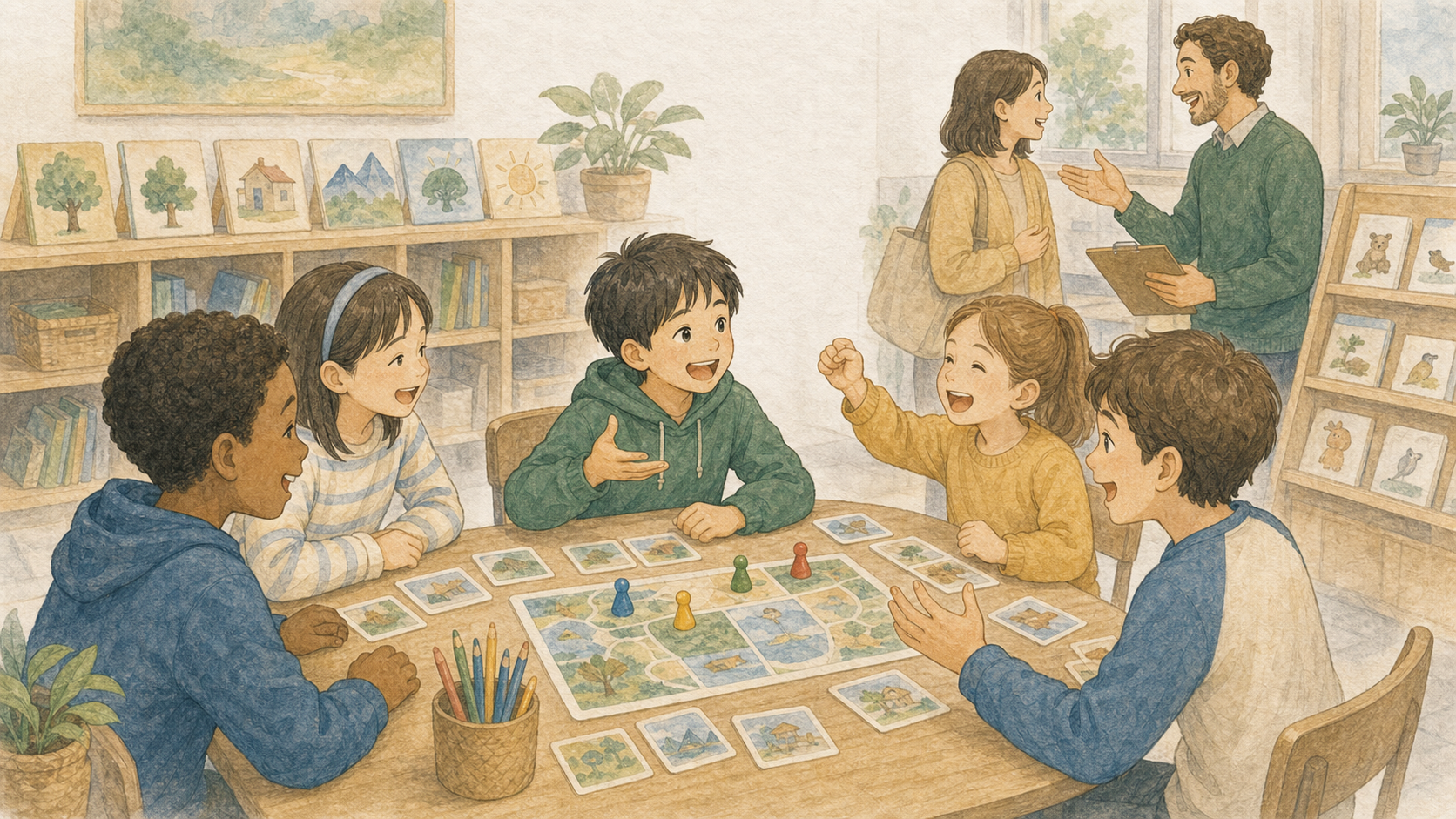 子どもたちが通学型の英語教室でチームゲームを楽しみ、英語を使って協力しながら先生と学ぶイラスト