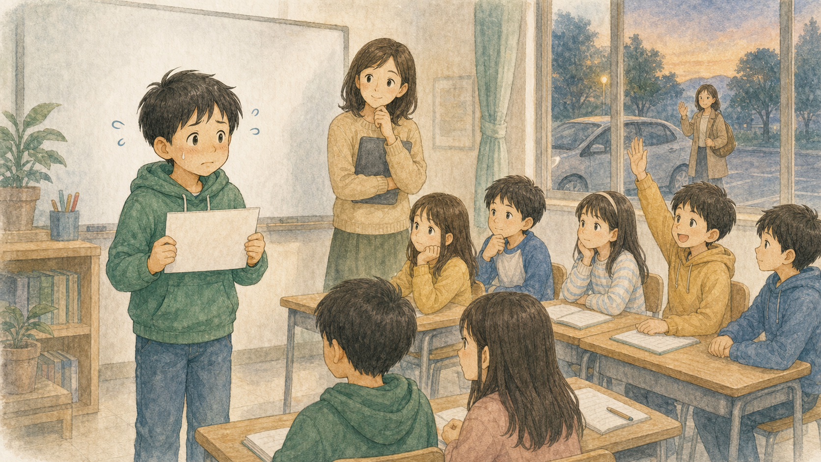 通学型のグループ英語教室で、ほかの生徒の視線や発表の順番を気にして緊張する子どもと送迎を待つ保護者のイラスト