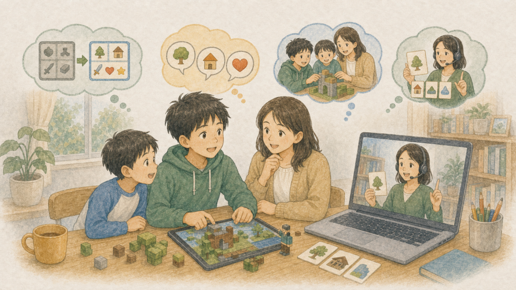 ゲームの表示や短いフレーズを少しずつ英語へ変え、兄弟や保護者、講師と一緒に学ぶ子どものイラスト