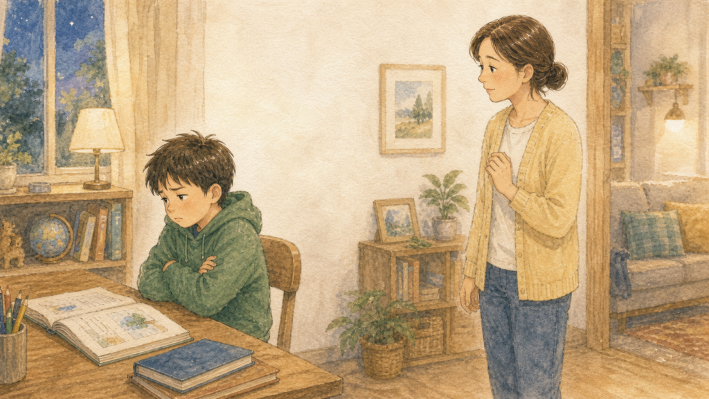 宿題が進まないときに声をかけられて抵抗する子どもと、強く言わずに距離を取りながら見守る保護者のイラスト