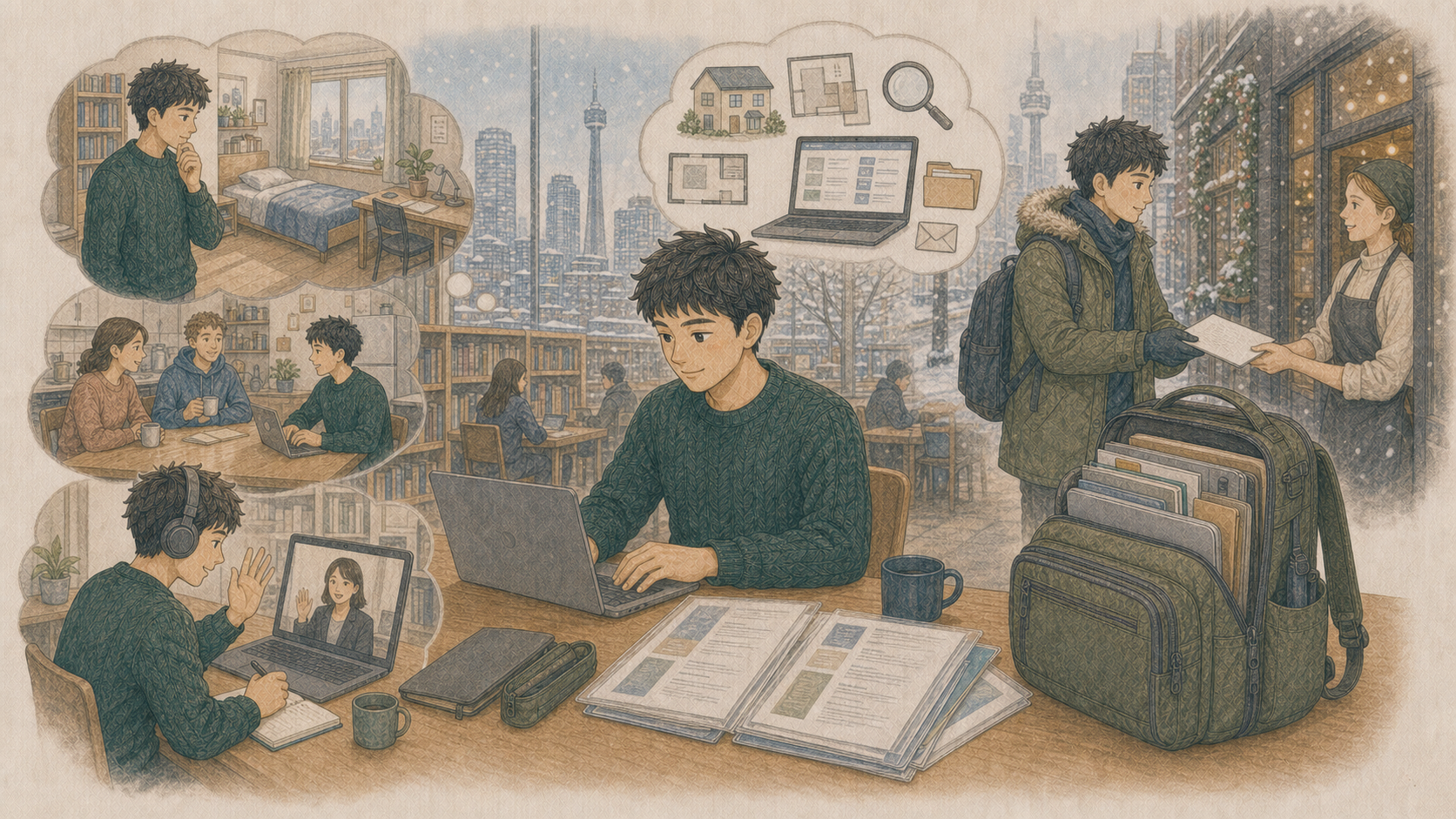 図書館でノートパソコンを使って家や求人を探し、レジュメをクリアファイルとビジネスリュックで持ち歩く男性のイラスト