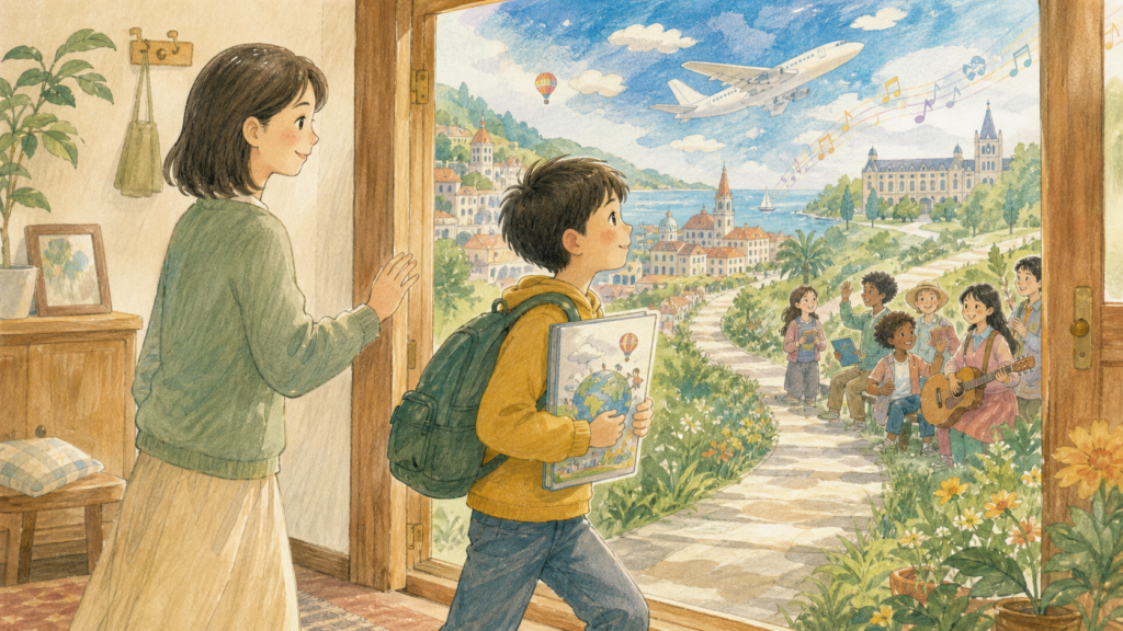 英語と海外に興味を持った小学6年生の男の子が、母親に見守られながら世界へ続く学びの一歩を踏み出すイラスト