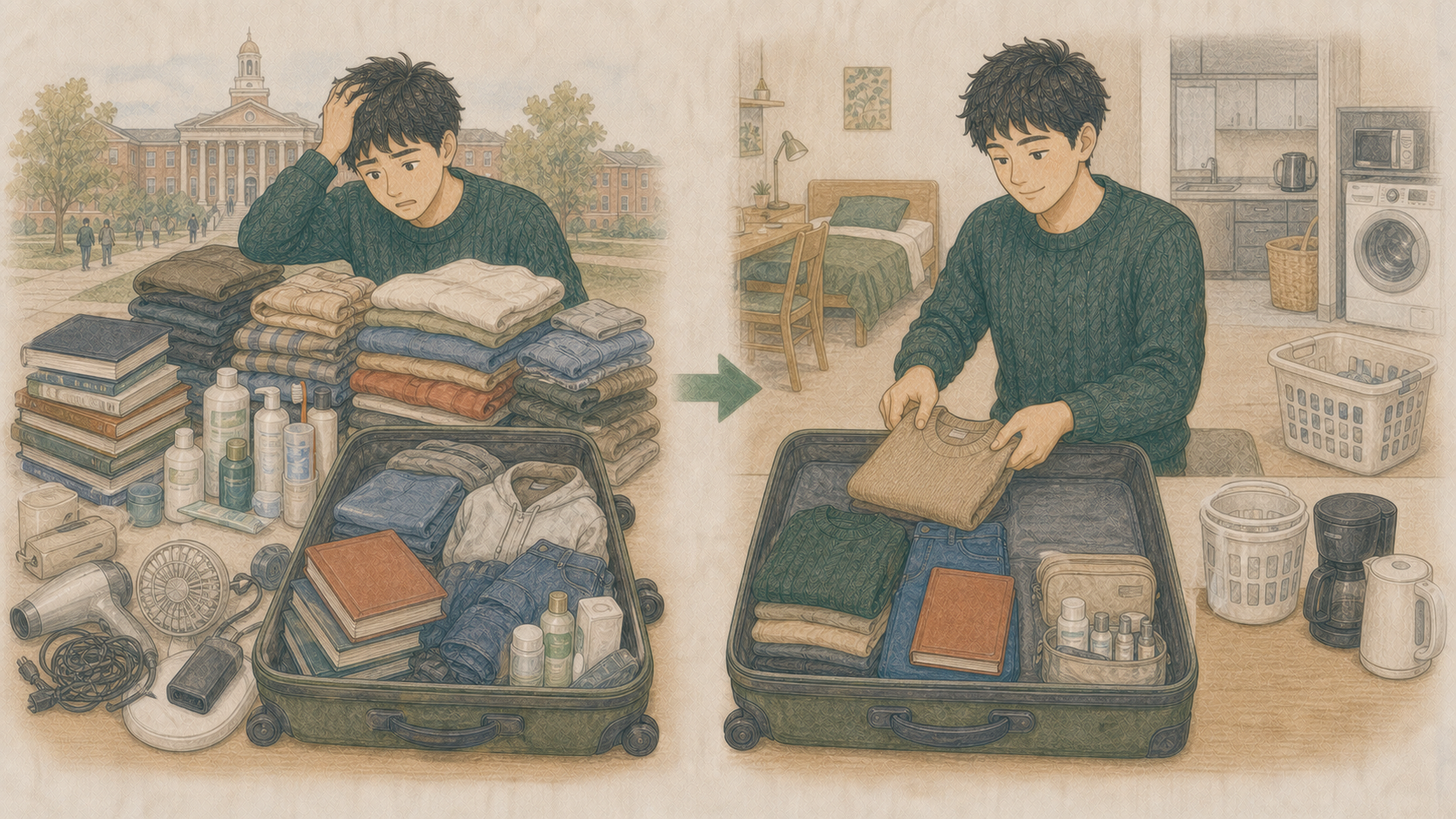 大量の服、何冊もの参考書、大きな日用品、未確認の家電を減らし、必要な物だけをスーツケースへ入れる学生のイラスト