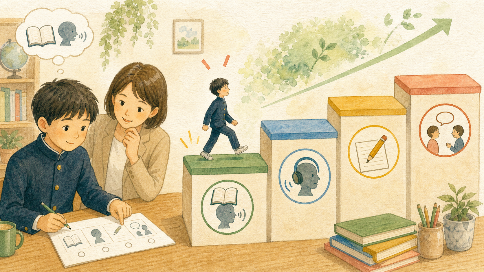 中学生が先生と過去問を確認し、現在の英語力に合う英検の級から挑戦するイラスト