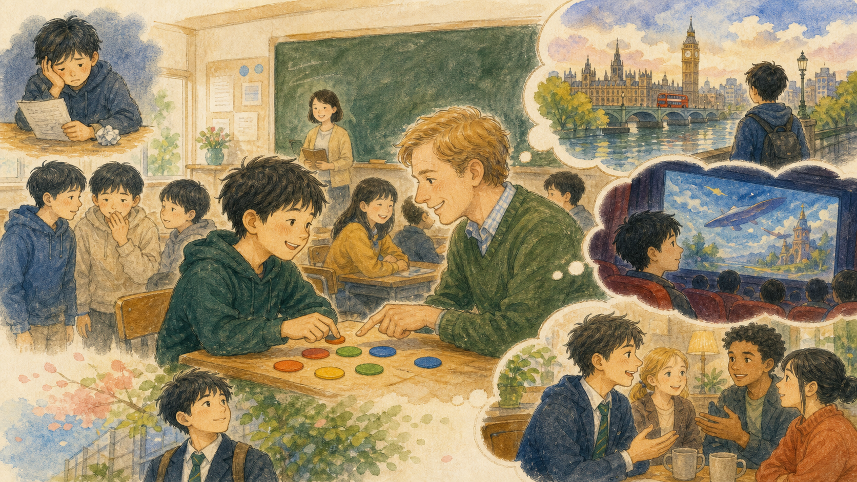 英語教室での先生との会話やゲーム、洋画、海外文化への興味によって、不合格後も英語を好きでいられた男の子のイラスト